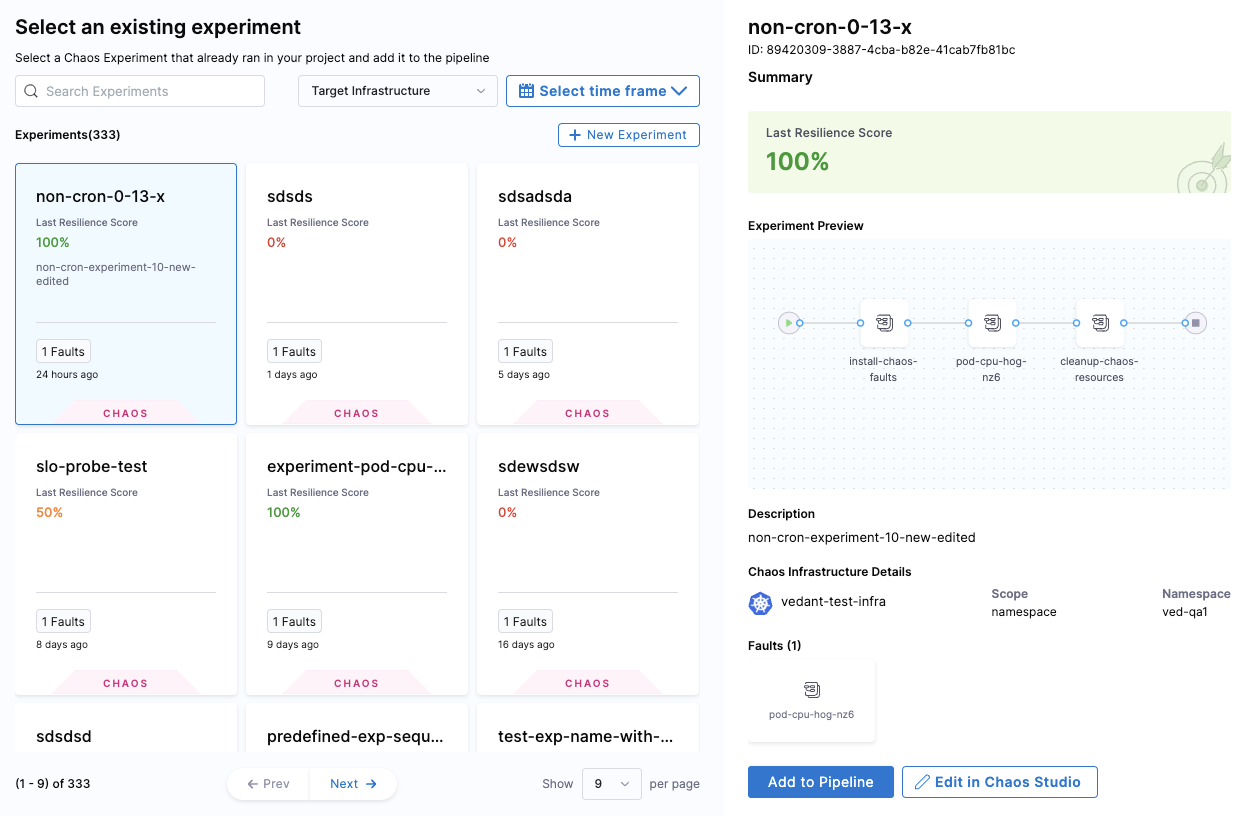 Select an existing experiment screen grid of experiments and one experiment selected.